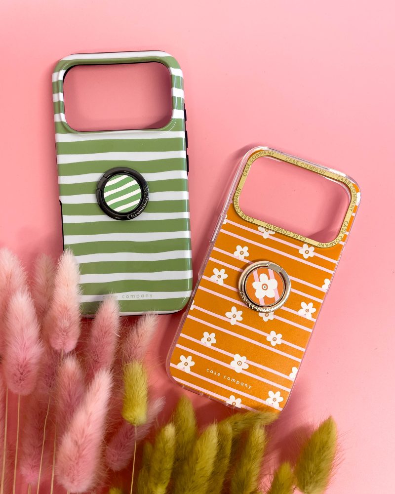 Coque premium orange à petites fleurs, avec un cadre d'appareil photo doré et une bague de téléphone