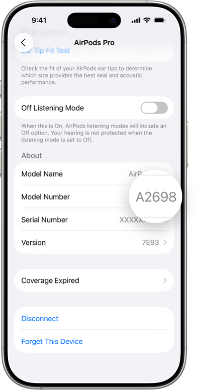 Numéro de modèle des AirPods dans les réglages Bluetooth d'un iPhone